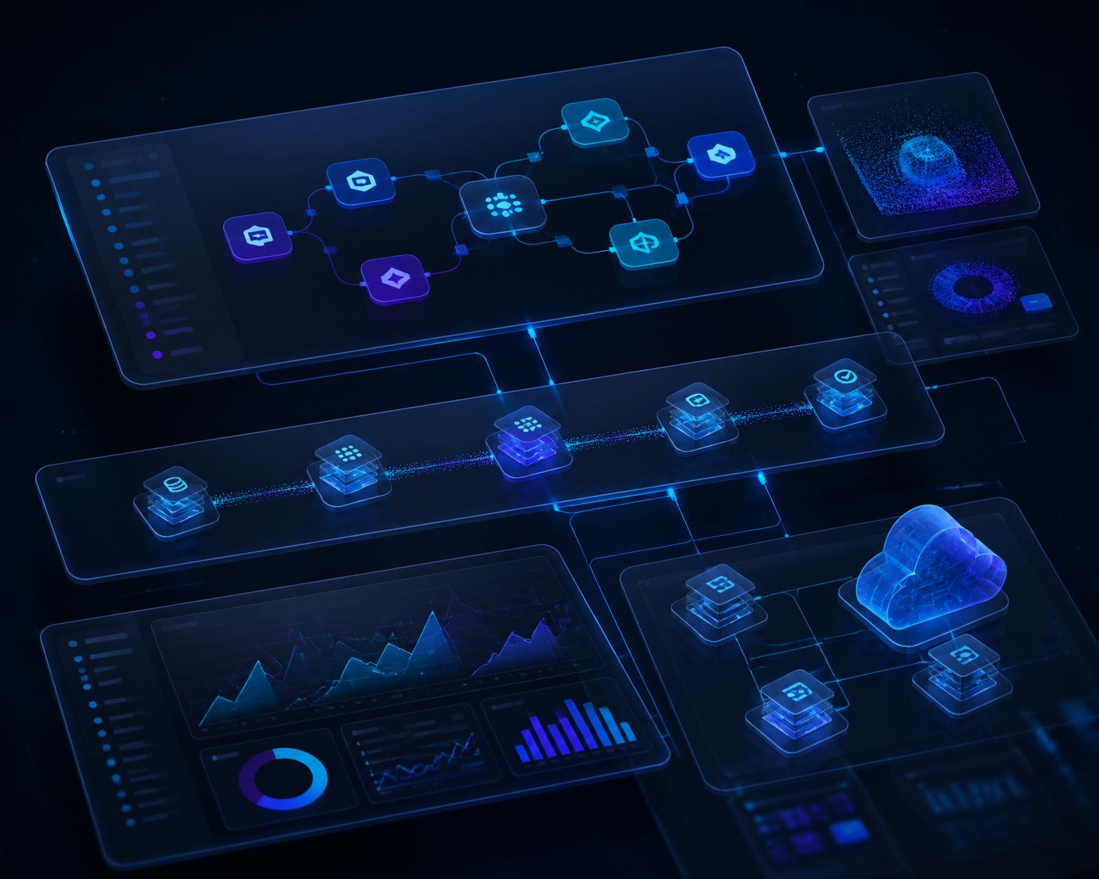 Abstract SwavishTek platform visual — intelligent workflows, data and cloud infrastructure